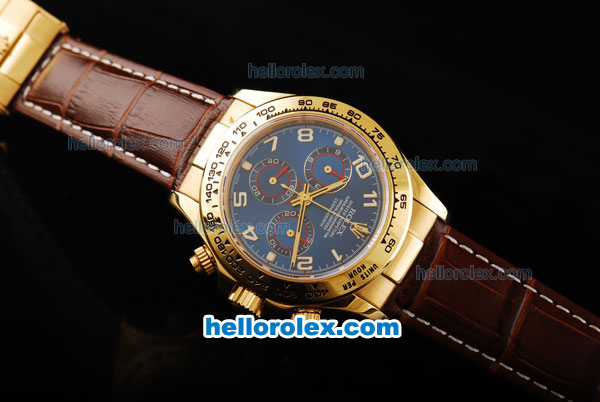 Rolex Daytona Swiss Valjoux 7750 Automatic Movement Gold Case with Blue Dial-Gold Numeral Markers and Brown Leather Strap - Click Image to Close